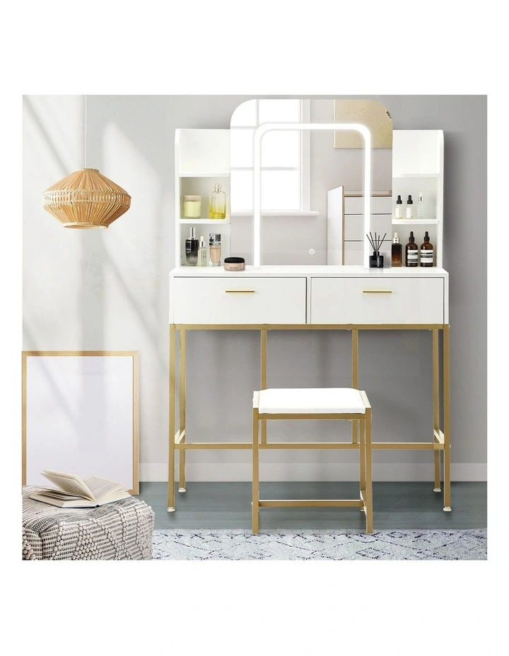 Oikiture Dressing Table Stool Set Makeup LED Mirror Vanity Iron Desk White Gold image 5