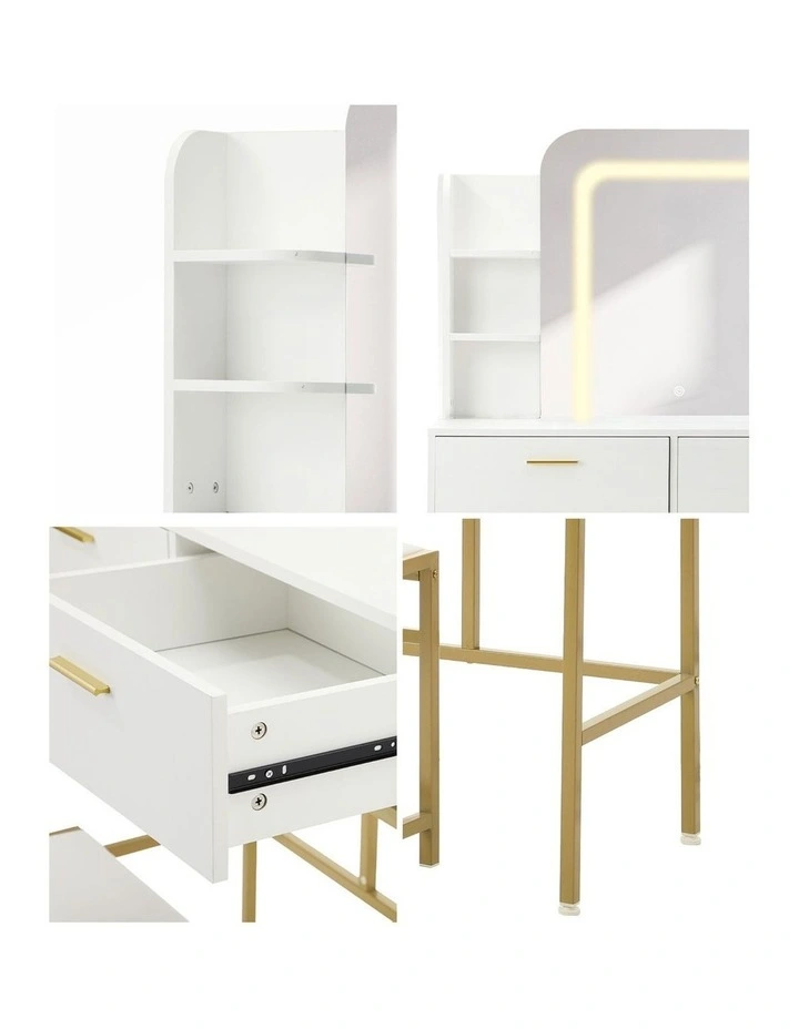 Oikiture Dressing Table Stool Set Makeup LED Mirror Vanity Iron Desk White Gold image 7