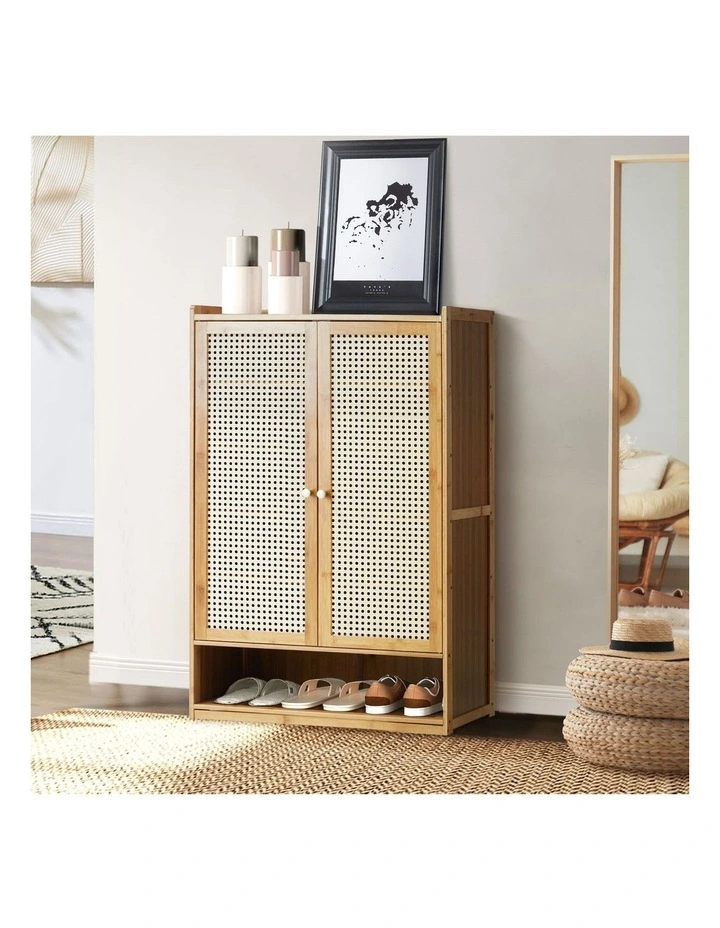 Oikiture Shoe Storage Cabinet Shoes Rack Organiser Shelf 2 Doors Rattan Brown image 4