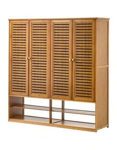 Oikiture Shoe Storage Cabinet 4 Doors Bamboo Organiser with 2 Bottom Shelf Brown