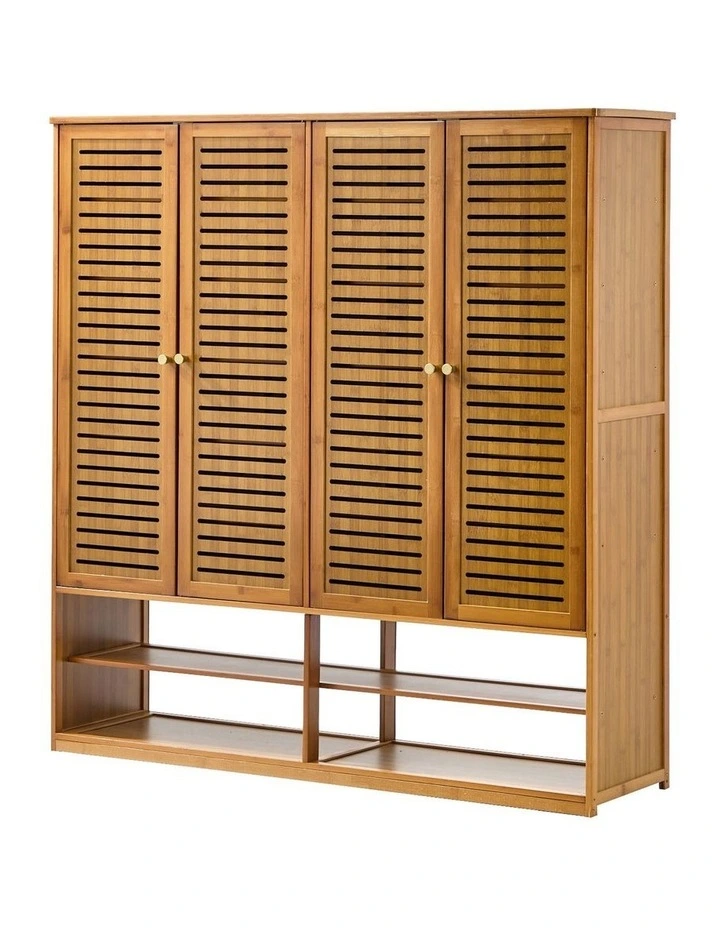 Oikiture Shoe Storage Cabinet 4 Doors Bamboo Organiser with 2 Bottom Shelf Brown image 1