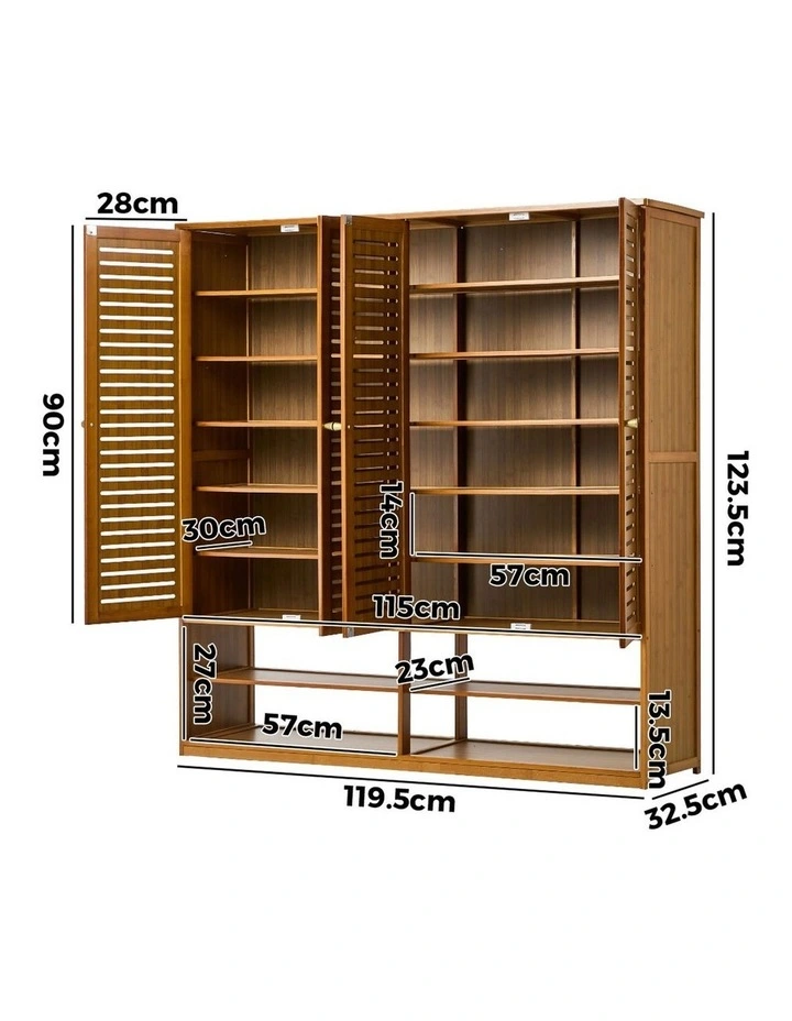 Oikiture Shoe Storage Cabinet 4 Doors Bamboo Organiser with 2 Bottom Shelf Brown image 3