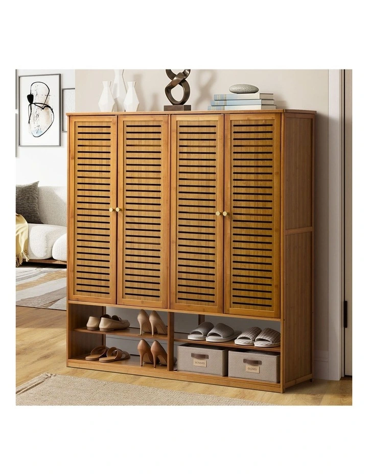 Oikiture Shoe Storage Cabinet 4 Doors Bamboo Organiser with 2 Bottom Shelf Brown image 4