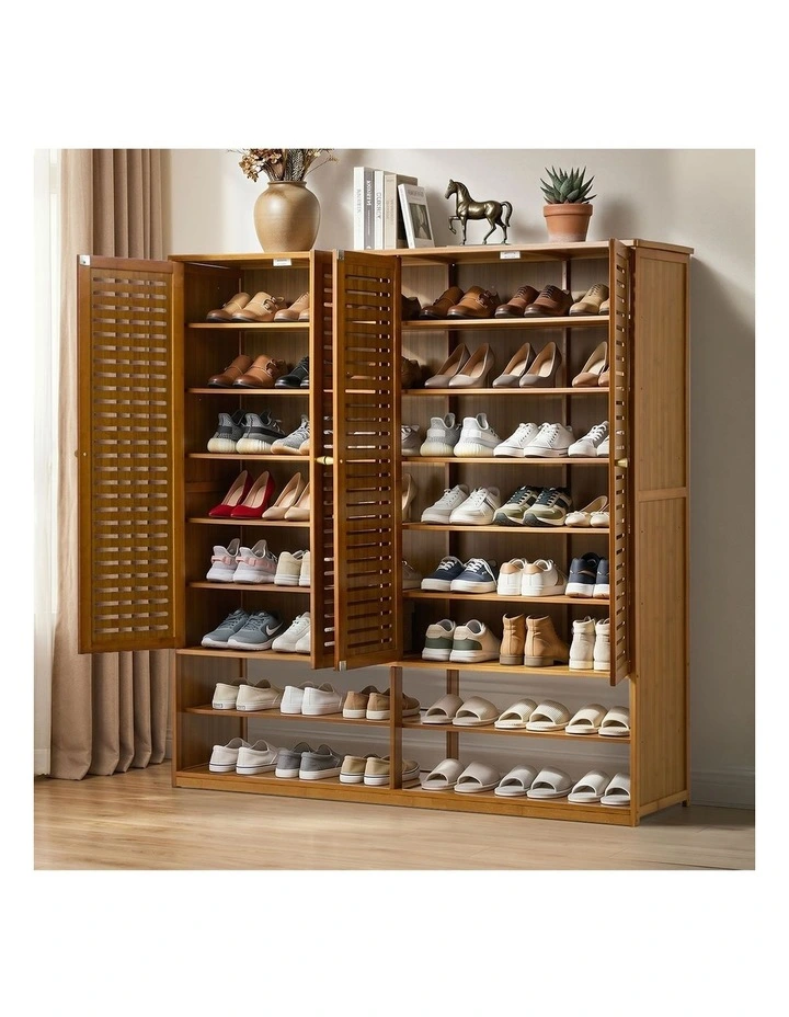 Oikiture Shoe Storage Cabinet 4 Doors Bamboo Organiser with 2 Bottom Shelf Brown image 5