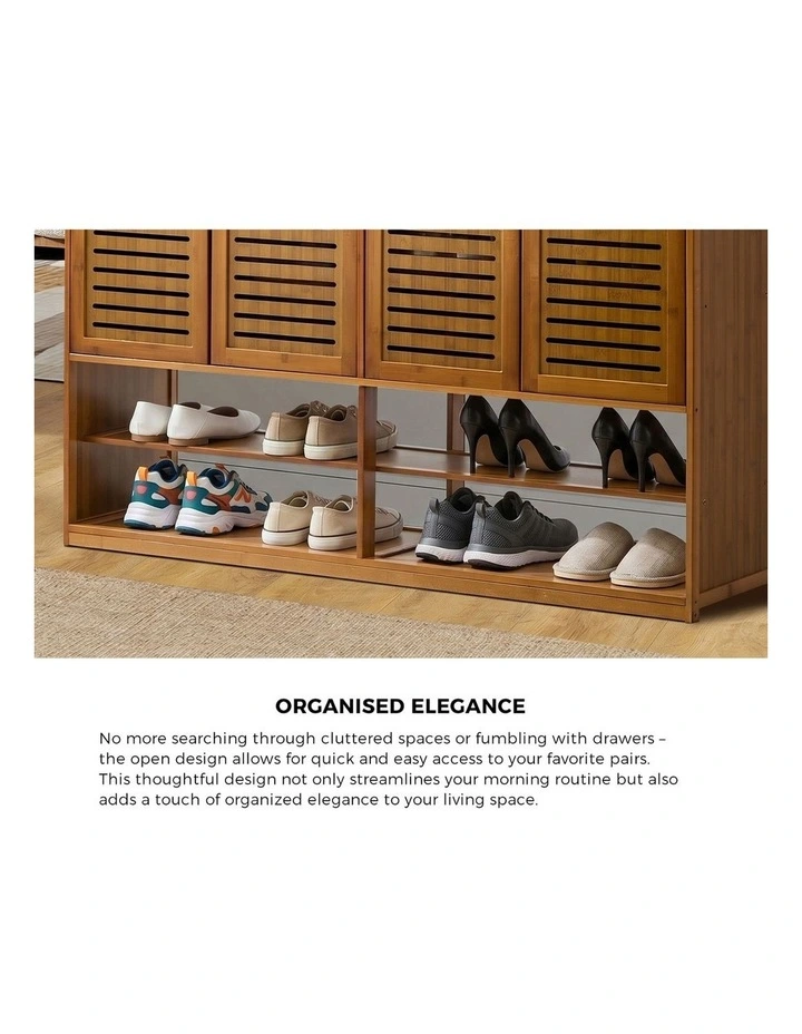 Oikiture Shoe Storage Cabinet 4 Doors Bamboo Organiser with 2 Bottom Shelf Brown image 6