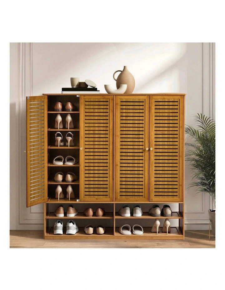 Oikiture Shoe Storage Cabinet 4 Doors Bamboo Organiser with 2 Bottom Shelf Brown image 7
