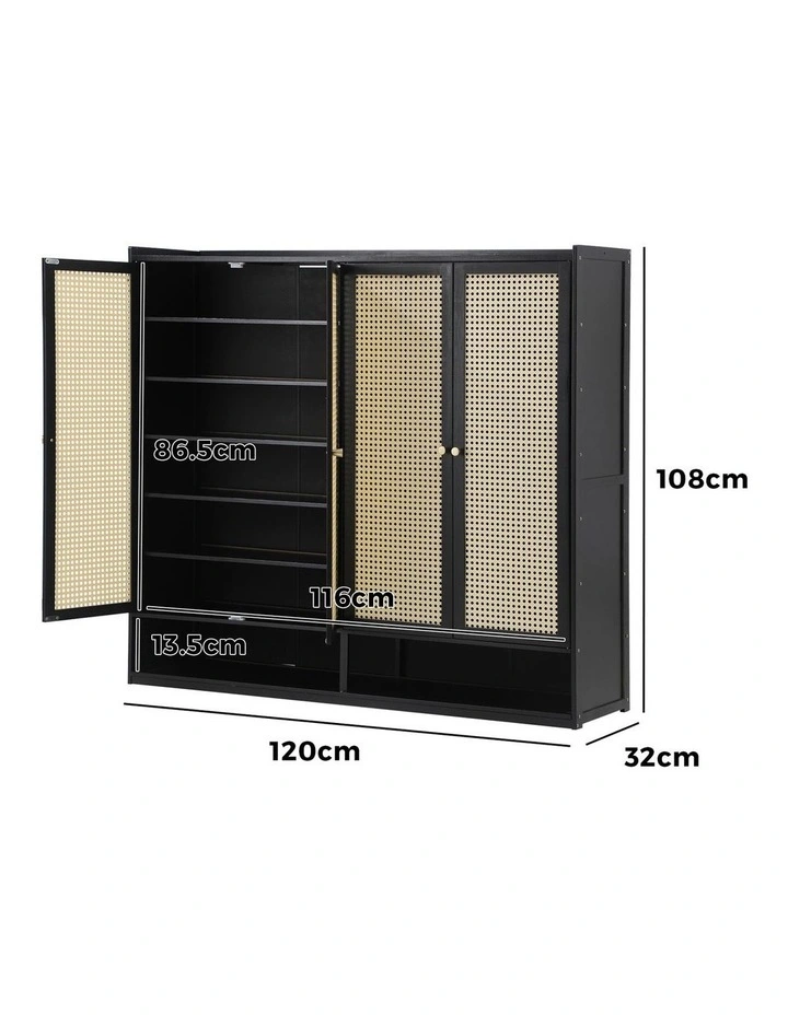 Oikiture Shoe Storage Cabinet Shoes Rack Organiser Shelf 4 Doors Rattan Black image 3
