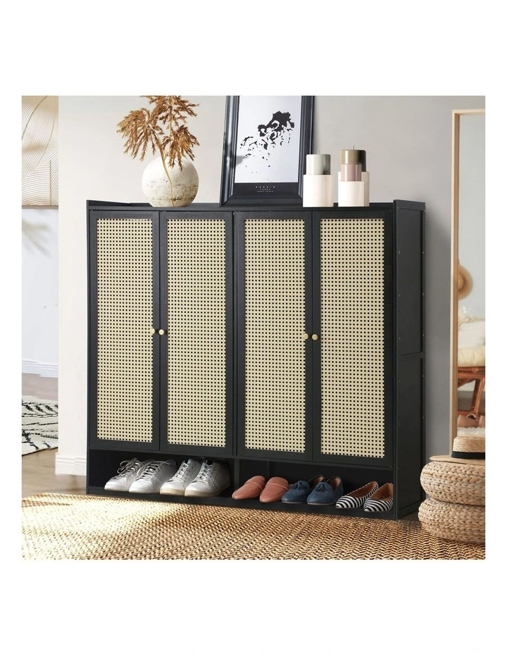 Oikiture Shoe Storage Cabinet Shoes Rack Organiser Shelf 4 Doors Rattan Black image 4
