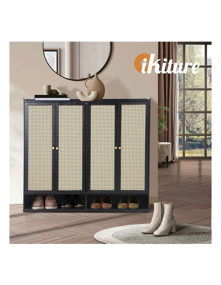 Oikiture Shoe Storage Cabinet Shoes Rack Organiser Shelf 4 Doors Rattan Black image 7