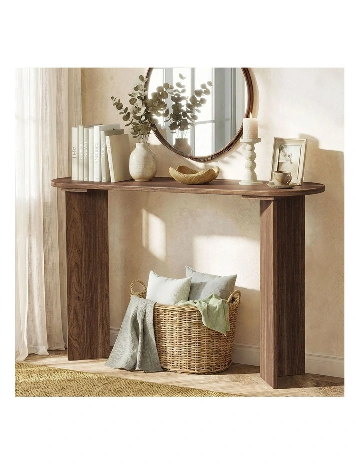 Oikiture Console Table Oval Entryway Storage Hallway Sofa Side Desk Walnut image 4