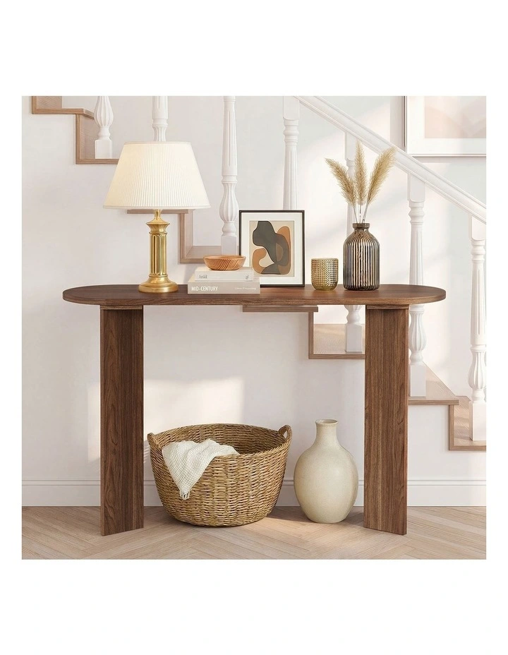 Oikiture Console Table Oval Entryway Storage Hallway Sofa Side Desk Walnut image 5