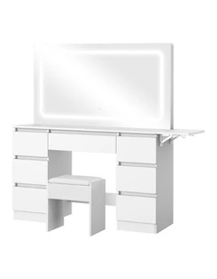 Oikiture Dressing Table Stool Set with LED Makeup Mirror Vanity Desk 7 Drawers