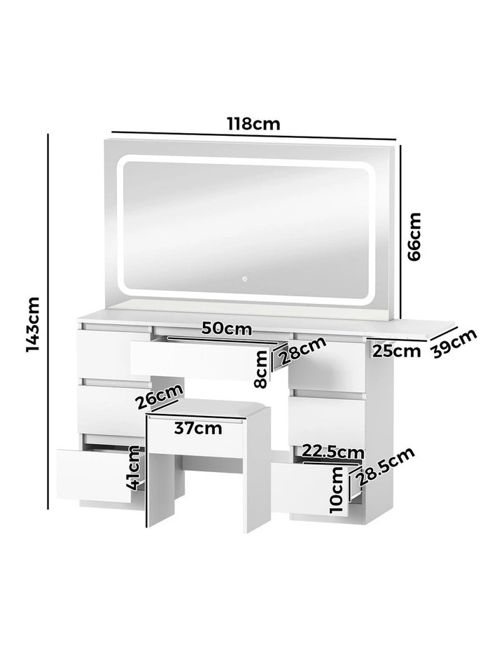 Oikiture Dressing Table Stool Set with LED Makeup Mirror Vanity Desk 7 Drawers image 3