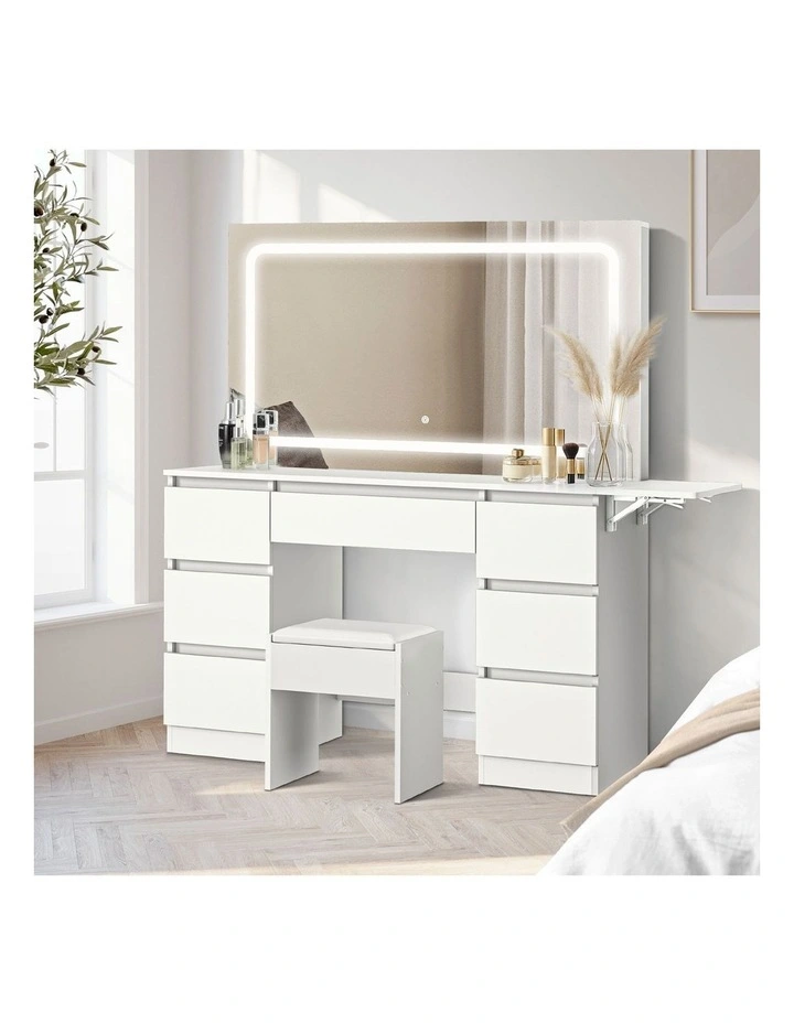 Oikiture Dressing Table Stool Set with LED Makeup Mirror Vanity Desk 7 Drawers image 4