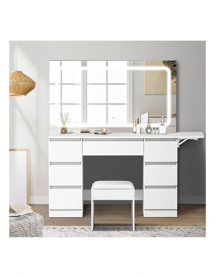 Oikiture Dressing Table Stool Set with LED Makeup Mirror Vanity Desk 7 Drawers image 5