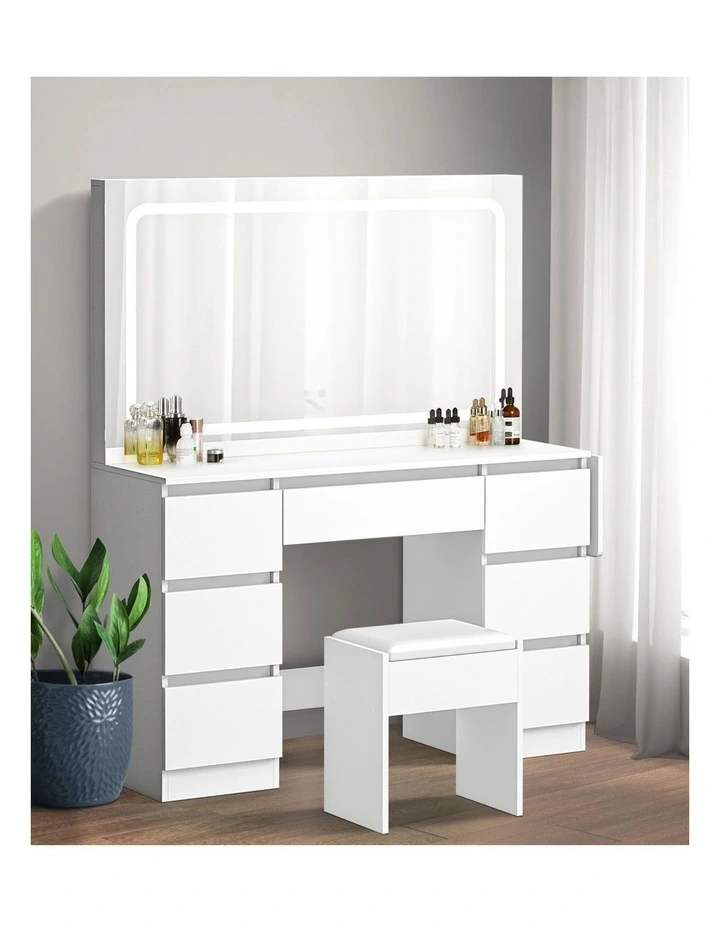 Oikiture Dressing Table Stool Set with LED Makeup Mirror Vanity Desk 7 Drawers image 7