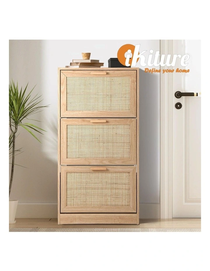 Oikiture Shoe Cabinet Storage 3 Doors Shoes Rack Organiser Rattan Shelf 45 Pairs image 7