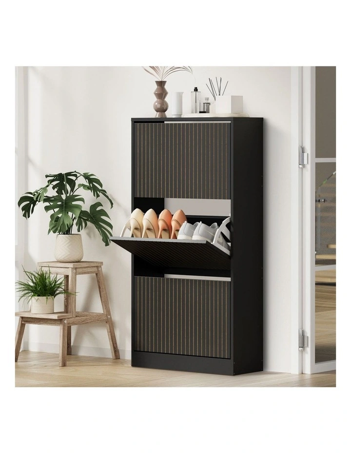 Oikiture Shoe Rack Storage Cabinet Organiser Drawers 3 Doors Black image 4
