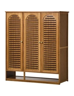 Oikiture Shoe Storage Cabinet 3 Doors Bamboo Shoe Organiser Shelf Brown