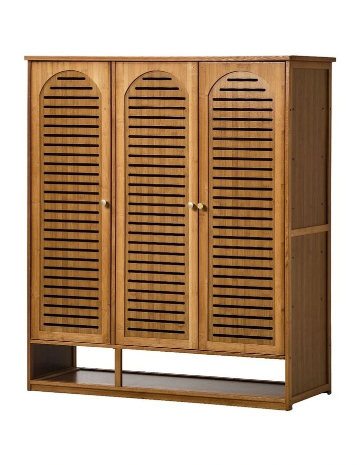 Oikiture Shoe Storage Cabinet 3 Doors Bamboo Shoe Organiser Shelf Brown image 1