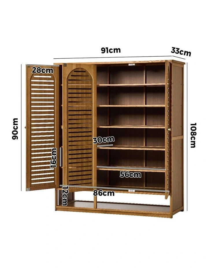 Oikiture Shoe Storage Cabinet 3 Doors Bamboo Shoe Organiser Shelf Brown image 3