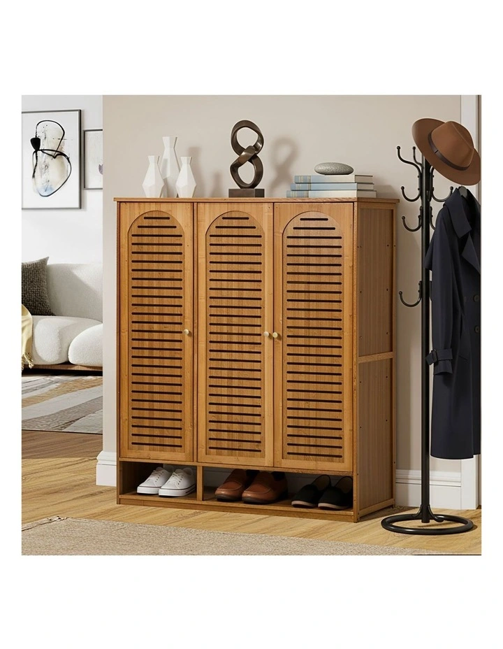 Oikiture Shoe Storage Cabinet 3 Doors Bamboo Shoe Organiser Shelf Brown image 4