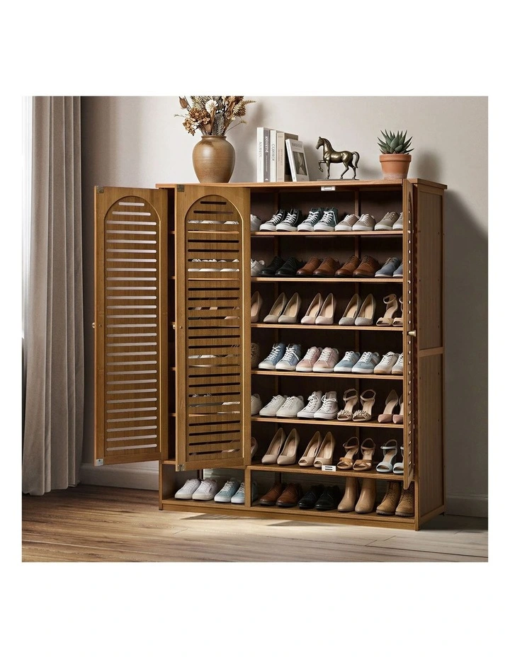 Oikiture Shoe Storage Cabinet 3 Doors Bamboo Shoe Organiser Shelf Brown image 5