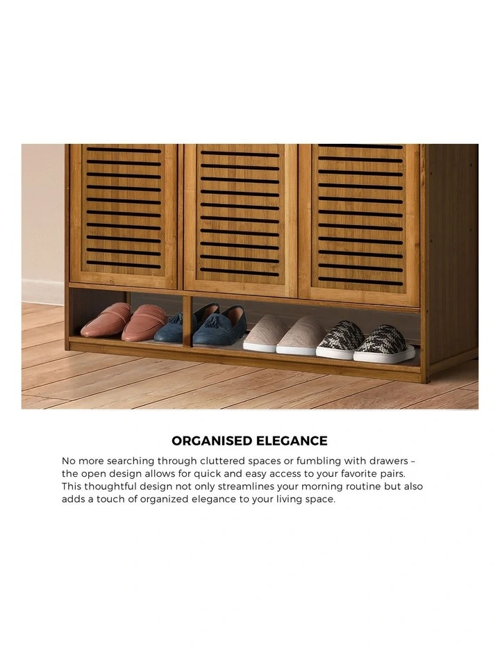 Oikiture Shoe Storage Cabinet 3 Doors Bamboo Shoe Organiser Shelf Brown image 6