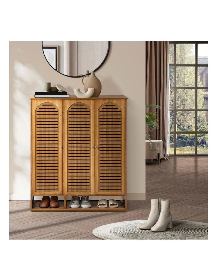 Oikiture Shoe Storage Cabinet 3 Doors Bamboo Shoe Organiser Shelf Brown image 7