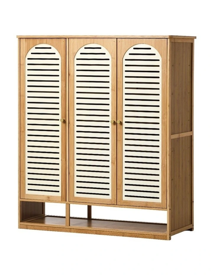 Oikiture Shoe Storage Cabinet 3 Doors Bamboo Shoe Organiser Shelf Beige image 1