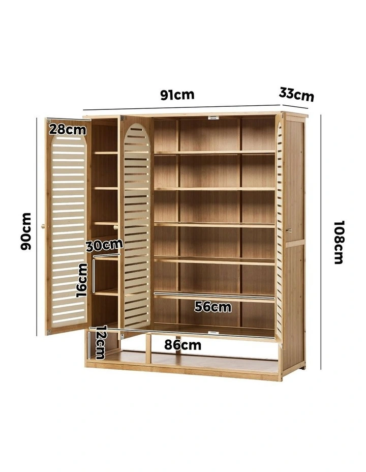 Oikiture Shoe Storage Cabinet 3 Doors Bamboo Shoe Organiser Shelf Beige image 3