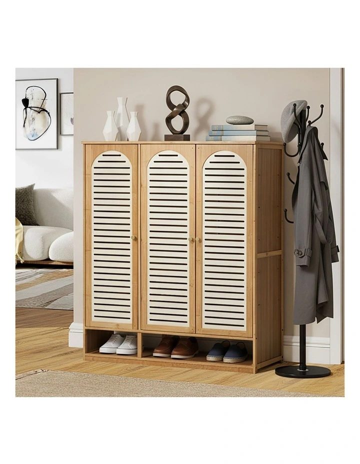 Oikiture Shoe Storage Cabinet 3 Doors Bamboo Shoe Organiser Shelf Beige image 4