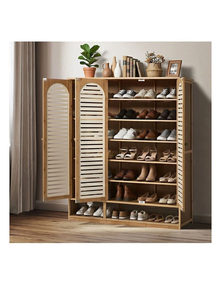 Oikiture Shoe Storage Cabinet 3 Doors Bamboo Shoe Organiser Shelf Beige image 5