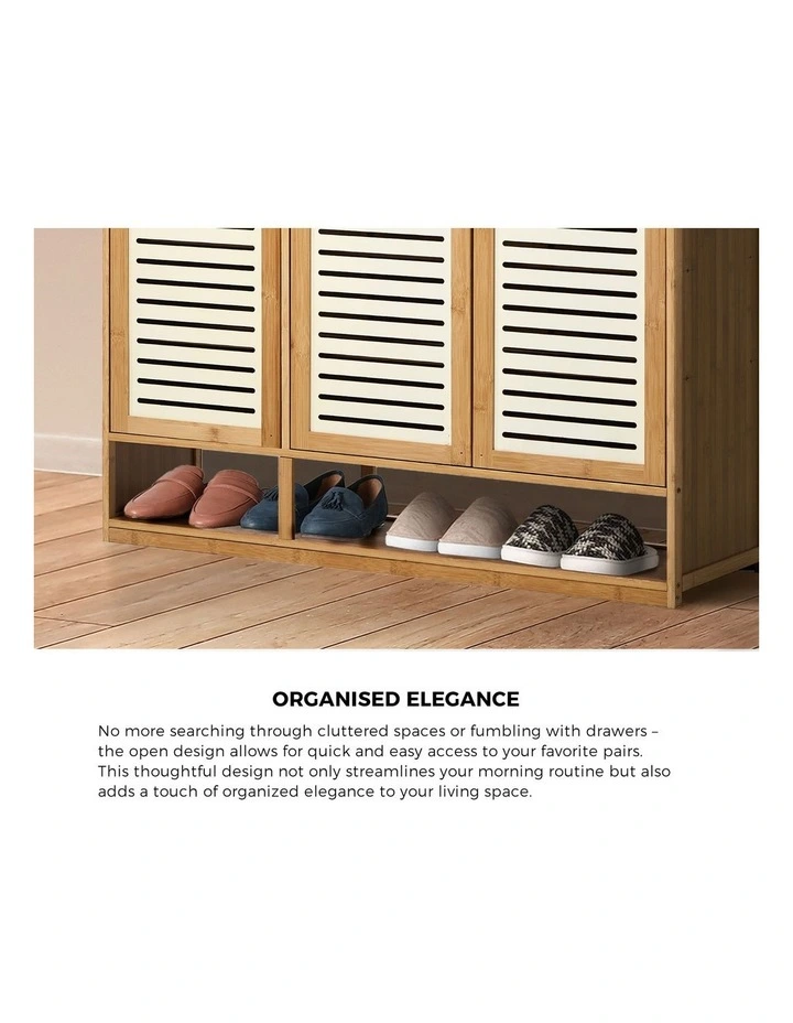 Oikiture Shoe Storage Cabinet 3 Doors Bamboo Shoe Organiser Shelf Beige image 6