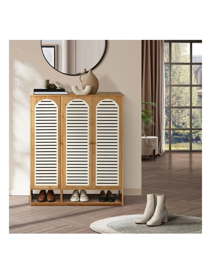 Oikiture Shoe Storage Cabinet 3 Doors Bamboo Shoe Organiser Shelf Beige image 7
