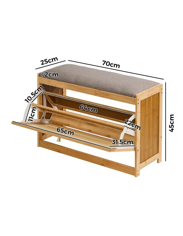 Oikiture Shoe Storage Bench Bamboo 2 in 1 Organiser Shelf with Seat 70cm image 3