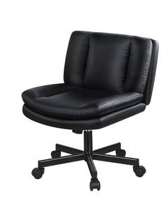 Armless Office Desk Chair Mid Back Wide Seat w/ Wheels Leather Black