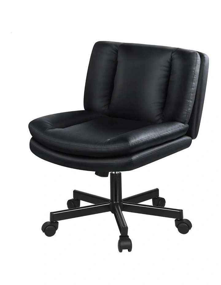 Armless Office Desk Chair Mid Back Wide Seat w/ Wheels Leather Black image 1