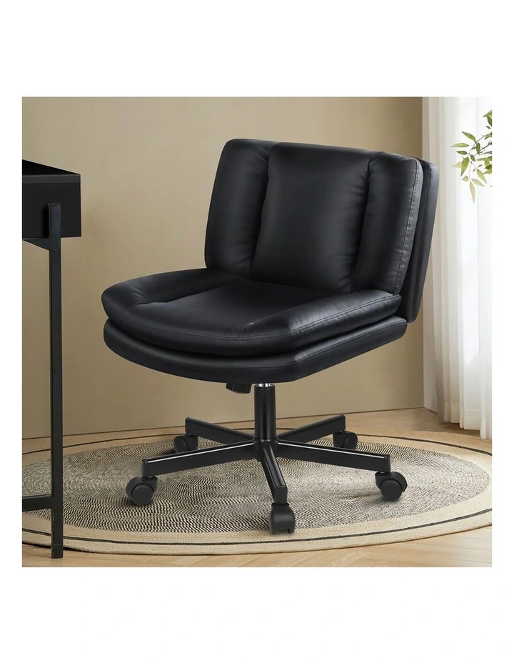Armless Office Desk Chair Mid Back Wide Seat w/ Wheels Leather Black image 2