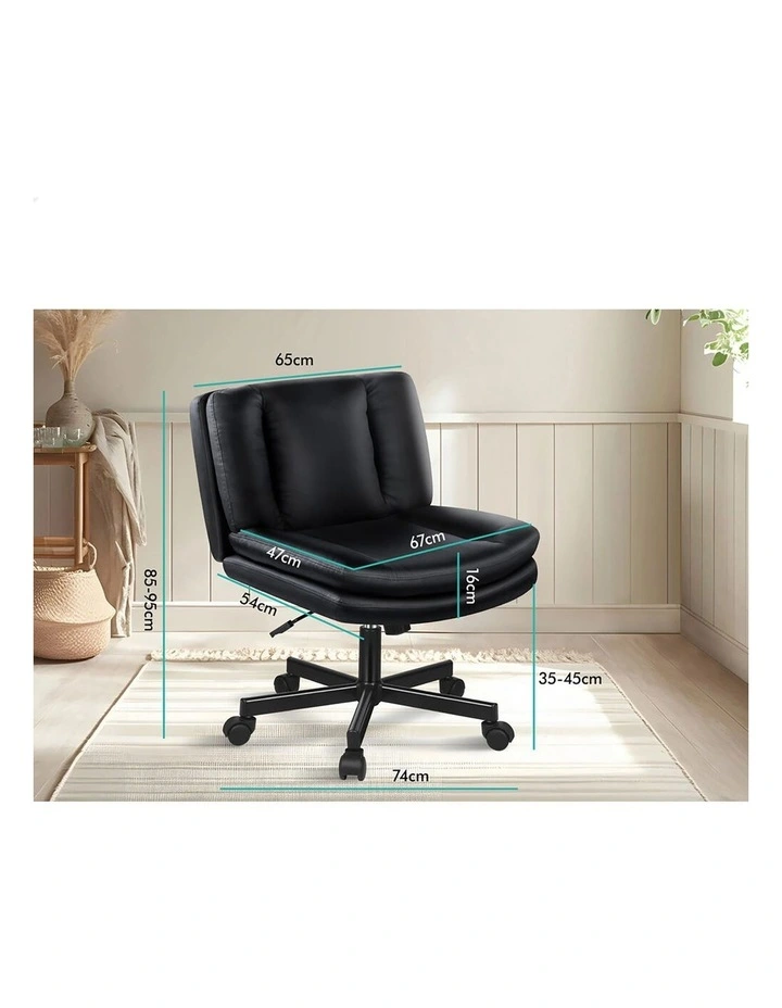 Armless Office Desk Chair Mid Back Wide Seat w/ Wheels Leather Black image 3