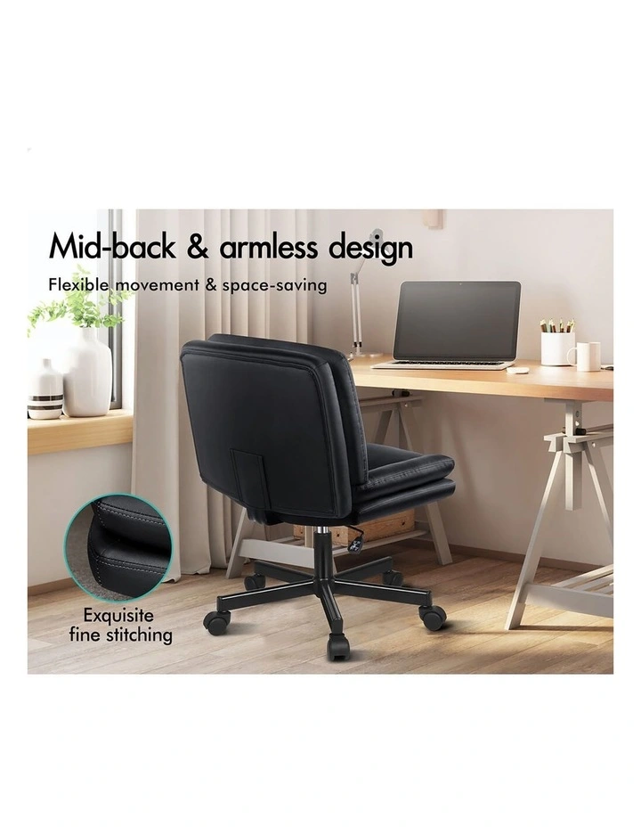 Armless Office Desk Chair Mid Back Wide Seat w/ Wheels Leather Black image 4