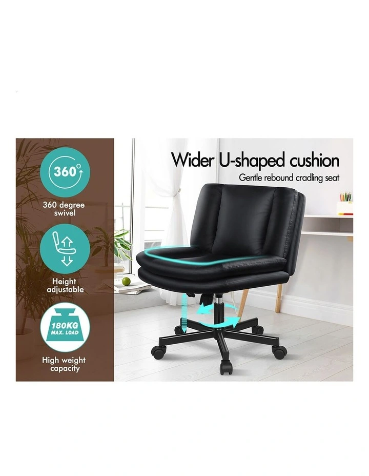 Armless Office Desk Chair Mid Back Wide Seat w/ Wheels Leather Black image 5
