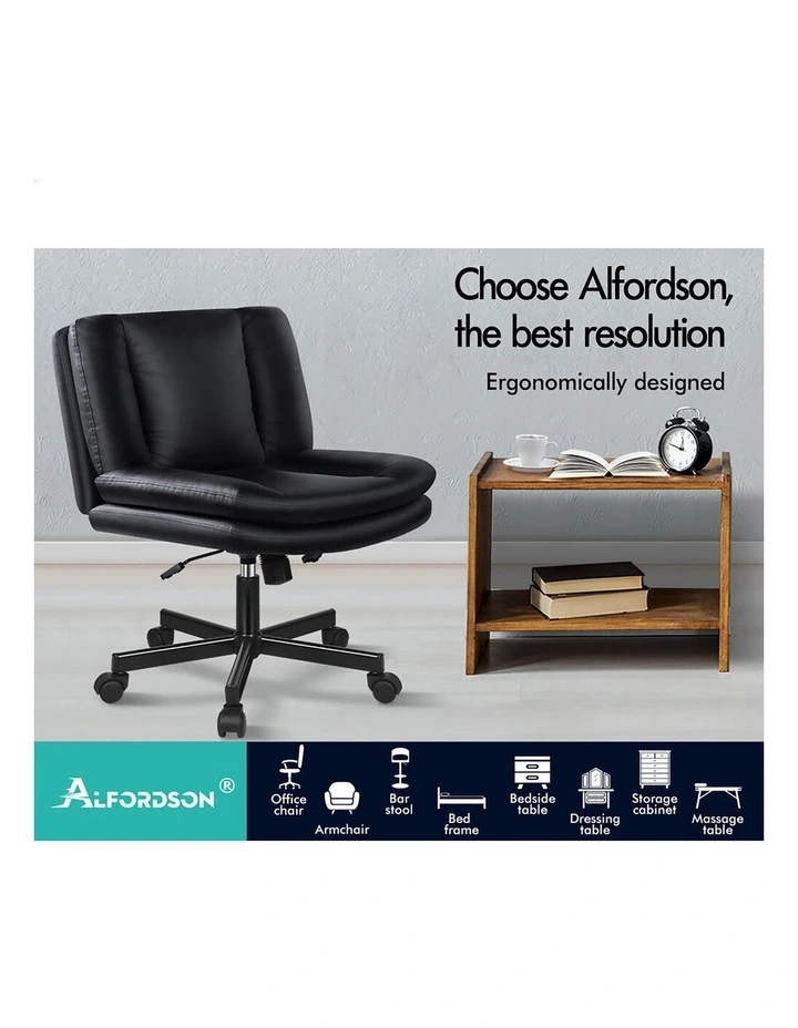 Armless Office Desk Chair Mid Back Wide Seat w/ Wheels Leather Black image 6