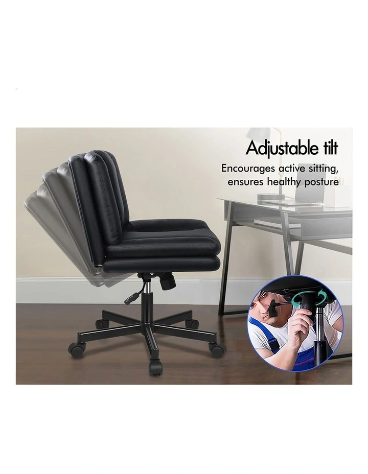Armless Office Desk Chair Mid Back Wide Seat w/ Wheels Leather Black image 7