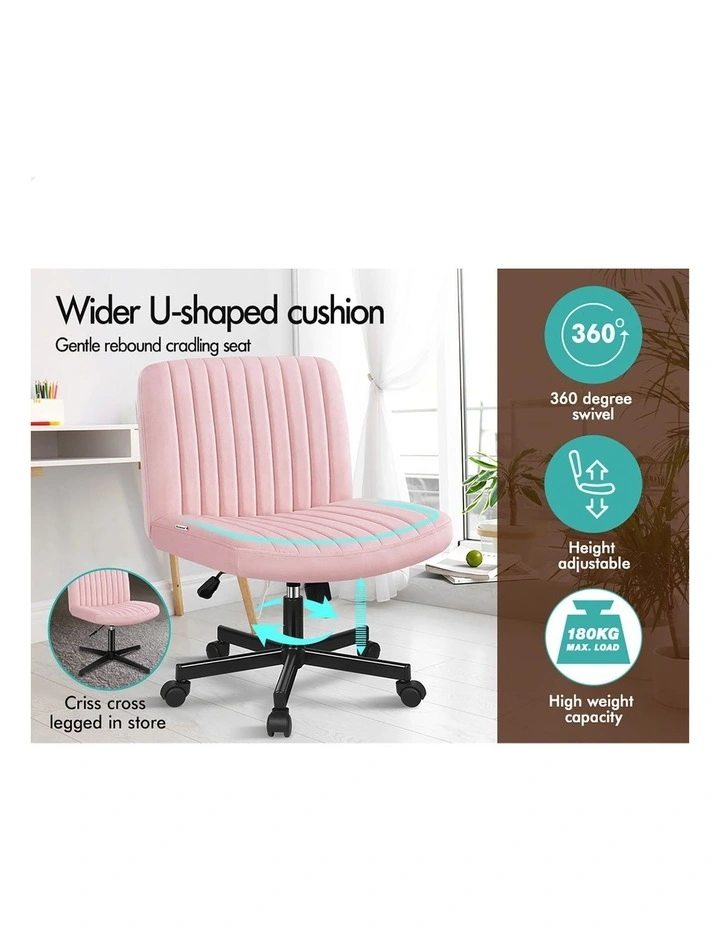 Criss Cross Legged Office Chair with Wheels Velvet Armless Swivel Vanity Chair Pink image 7