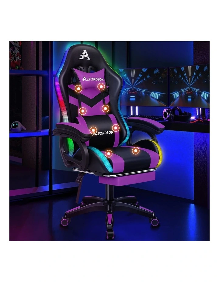 Gaming Office Chair 12 RGB LED Massage Computer Seat Footrest Purple image 2