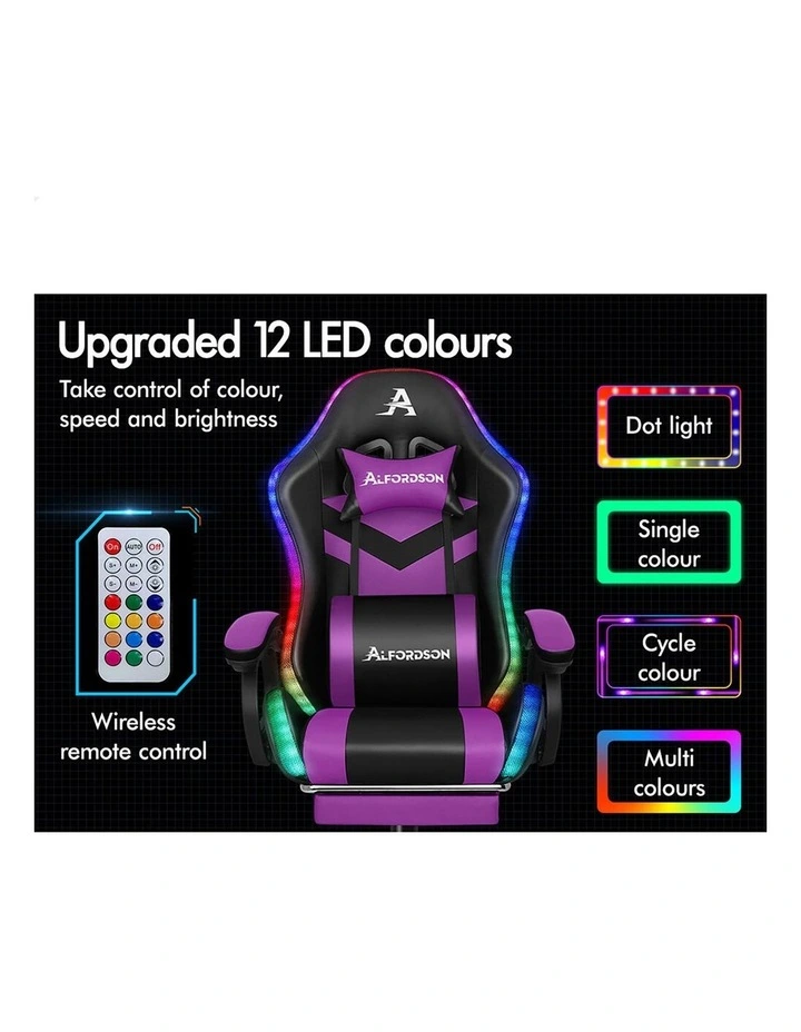 Gaming Office Chair 12 RGB LED Massage Computer Seat Footrest Purple image 5