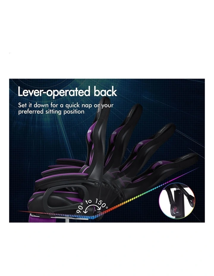 Gaming Office Chair 12 RGB LED Massage Computer Seat Footrest Purple image 6