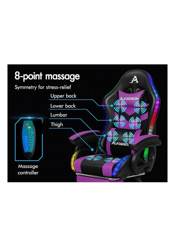 Gaming Office Chair 12 RGB LED Massage Computer Seat Footrest Purple image 7