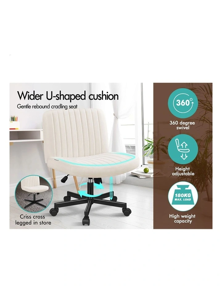 Criss Cross Legged Office Chair with Wheels Fabric Armless Swivel Vanity Chair Beige image 7
